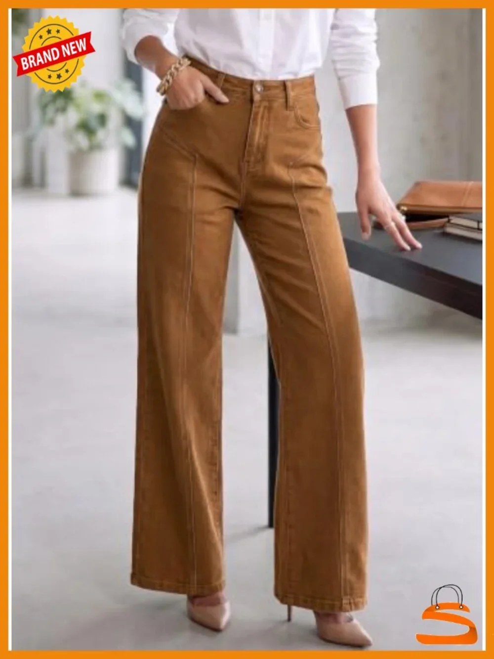 High Waisted Wide Leg Stretchy Denim Pants with Front Seam and Pockets